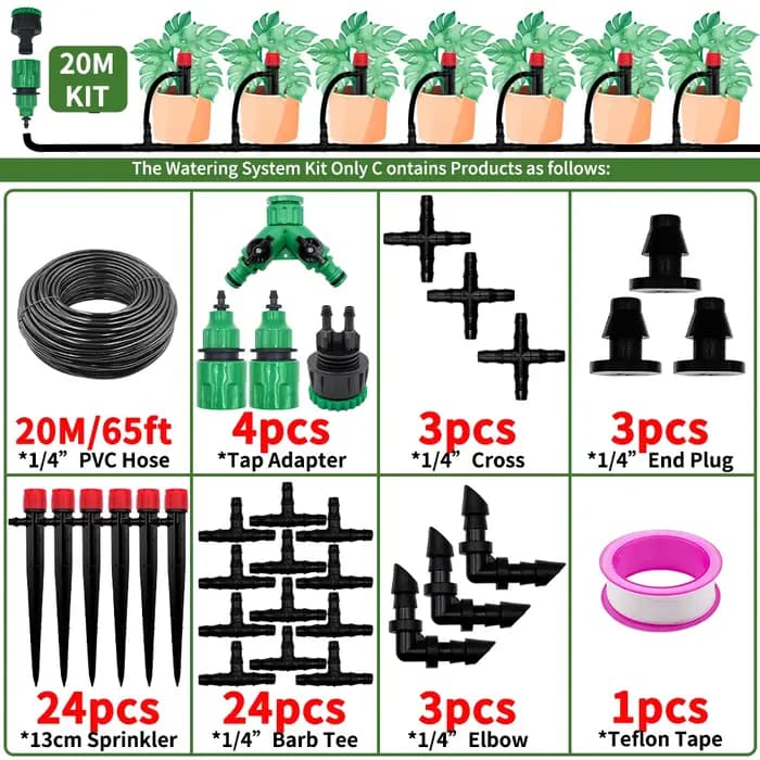 Kit de système d'arrosage automatique d'irrigation goutte-à-goutte de jardin, arroseur 1/4 ''13CM pour Pot de bonsaï, plante, fleur, serre végétale