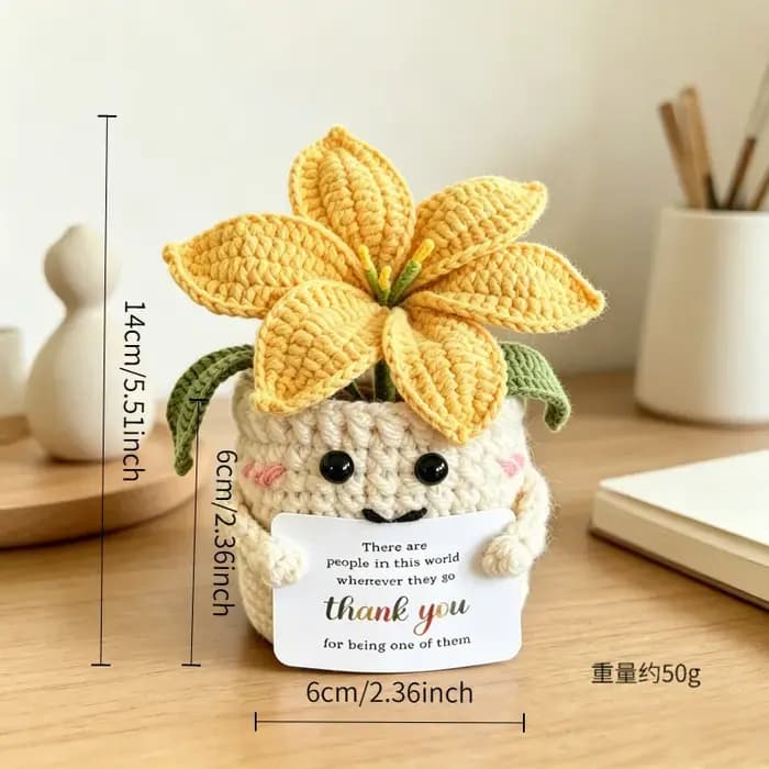 Plante en pot de lys tricotée à la main, pot de fleurs au crochet, ornement de bureau, décoration florale tissée finie pour la maison, le bureau ou comme cadeau
