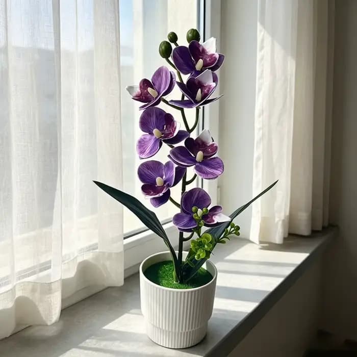 Pot de fleurs artificielles à 7 têtes d'orchidées, avec pot blanc, fleurs roses simulées, orchidée papillon en plastique, multi-fleurs