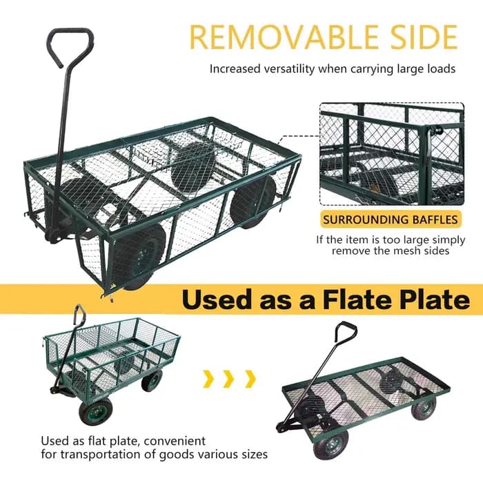 Chariot en maille d'acier robuste, chariot utilitaire de jardin avec côtés amovibles et roues de 10 "3.50-4 pouces pour cour de jardin