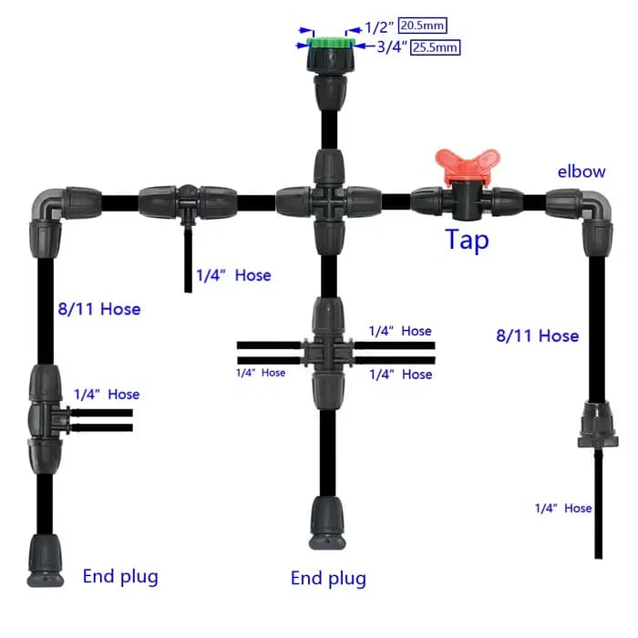 Connecteur de tuyau de jardin 3/8 "à 1/4", 8/11 à 4/7mm, verrouillage barbelé, bouchons d'extrémité