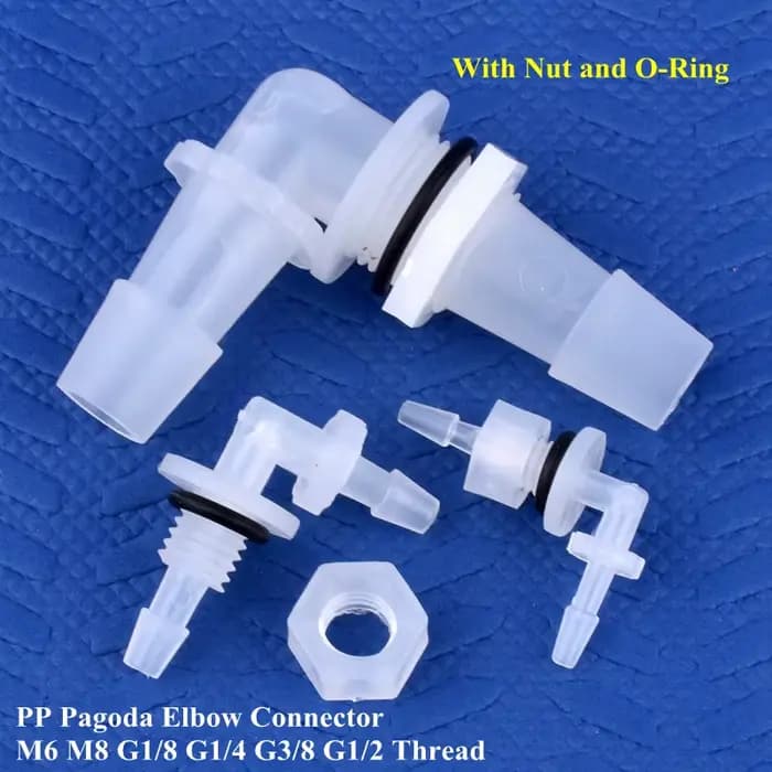 Connecteurs coudés pagode en PP M6 ~ G1/2 à 2.4-11.1mm, avec écrou, joint torique, réservoir d'aquar