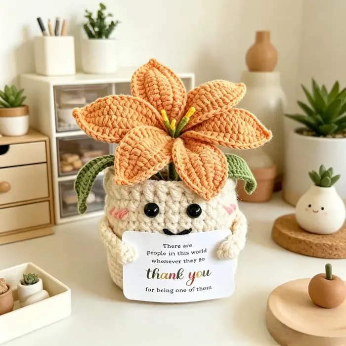 Plante en pot de lys tricotée à la main, pot de fleurs au crochet, ornement de bureau, décoration florale tissée finie pour la maison, le bureau ou comme cadeau