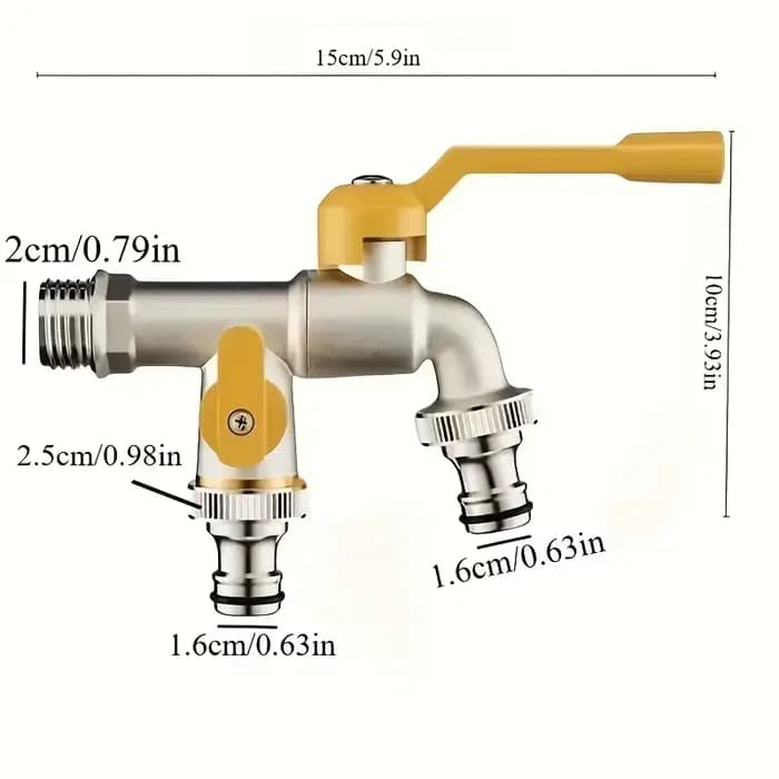 Robinet de jardin à double sortie - connexion de 1/2 pouce, idéal pour l'arrosage et l'entretien des pelouses, compatible avec les arroseurs et les pistolets à eau.