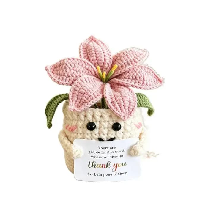 Plante en pot de lys tricotée à la main, pot de fleurs au crochet, ornement de bureau, décoration florale tissée finie pour la maison, le bureau ou comme cadeau