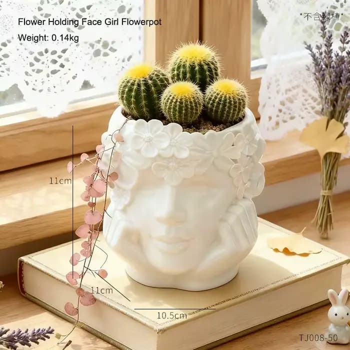 Magnifique pot de fleurs en résine en forme de fille tenant une fleur