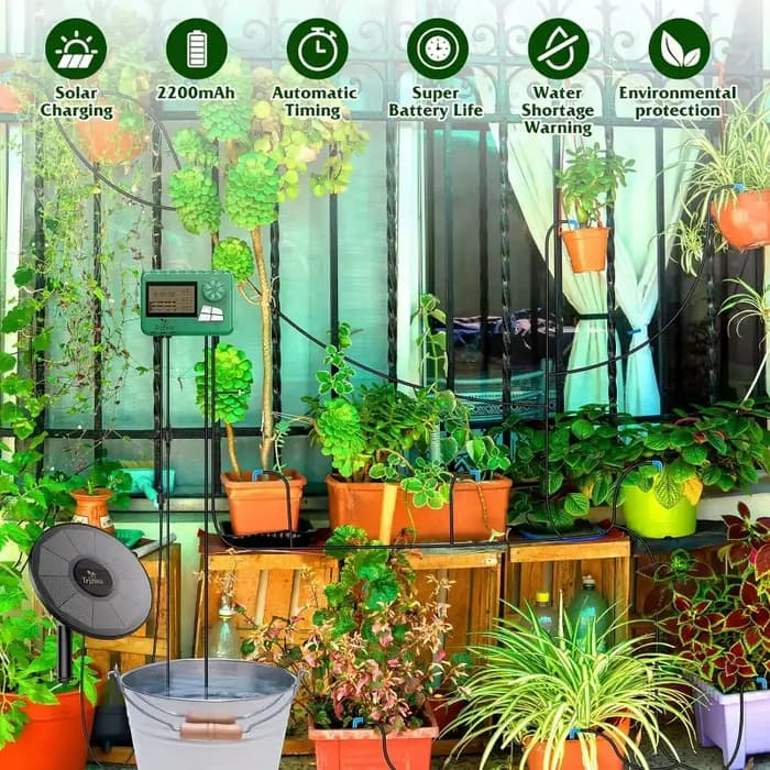Système d'irrigation goutte-à-goutte solaire, avec tuyau de 15 mètres, pour jardin, balcon et serre