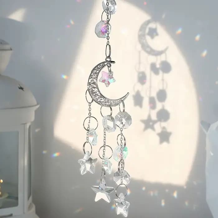 Attrape-soleil argenté en cristal, lune, Lotus, Chakra, décoration suspendue, attrape-soleil, fabric