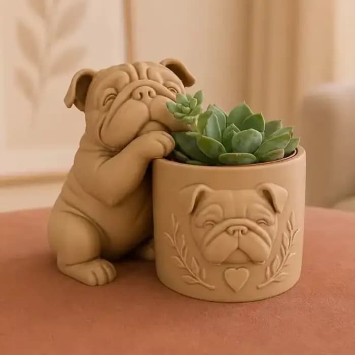 Pot de fleurs en forme de bouledogue, 1 pièce, imprimé en 3D, amusant et créatif, pot de fleurs mignon en forme de bouledogue français, ornement artistique de bureau, décoration de bureau