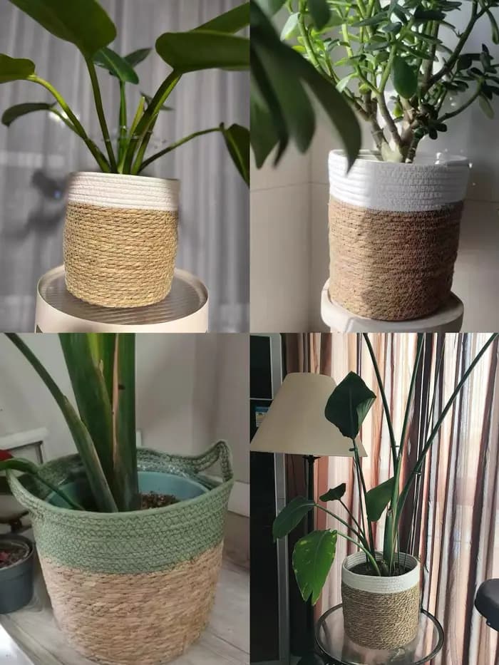 Panier de rangement en paille naturelle - Pot de fleurs tressé pour décoration