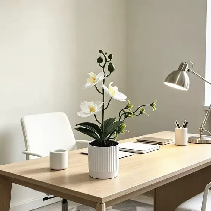 Pot en terre cuite noir avec trois orchidées papillon tactiles