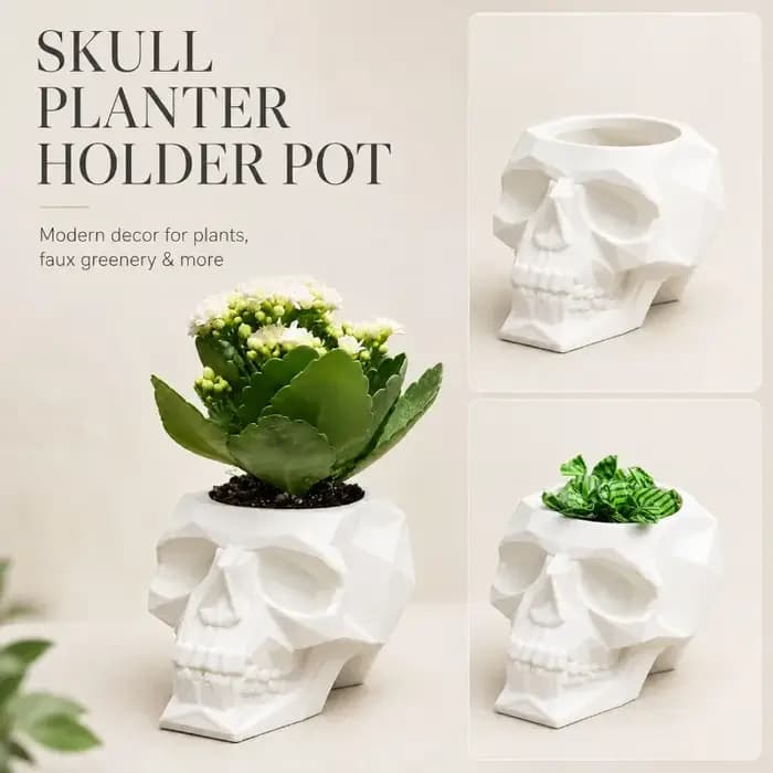 Pot de fleurs en forme de crâne, pot de fleurs gothique en polygone bas pour plantes succulentes, décoration intérieure pour étagère de bureau, cadeau de décoration pour Halloween.