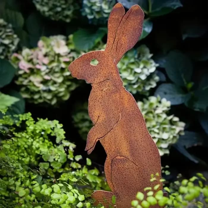 Piquet de jardin de lapin en métal rustique, charmante silhouette de lapin rouillé, Art de cour exté