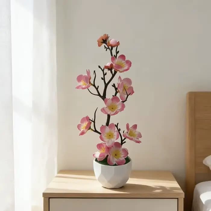 Petite plante artificielle de fleurs de prunier rouges en pot avec pot blanc