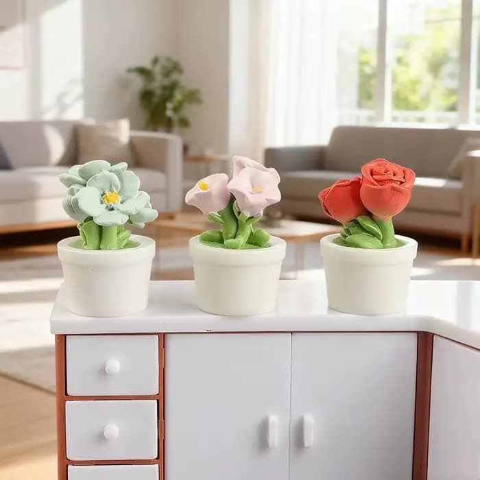 5 pièces de fleurs miniatures réalistes en résine (rose et tulipe) en pot