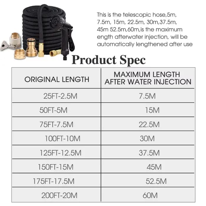 Tuyau d'arrosage de jardin extensible noir, 25-150 pieds, odorà eau, kit de pulvérisateur pour la ma