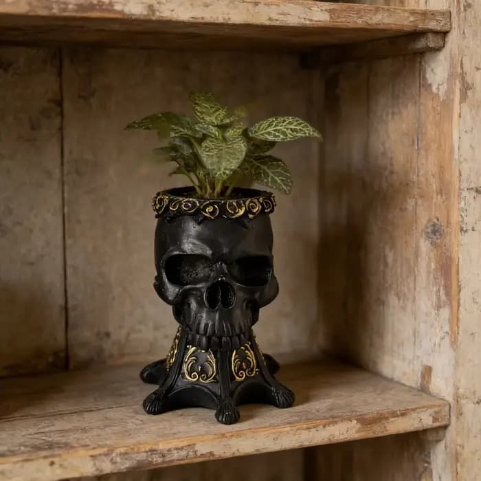 Pot de fleurs gothique en résine en forme de crâne