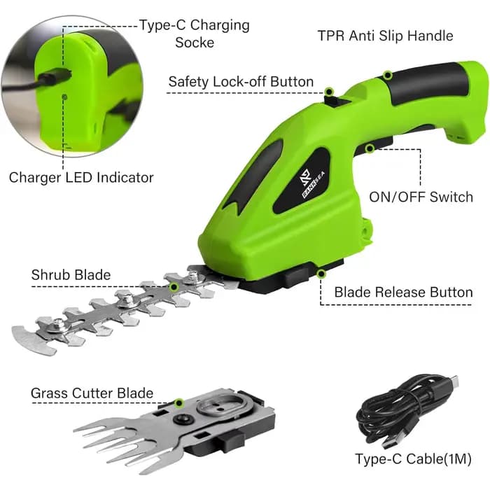 Taille-haie électrique sans fil 2-en-1 rechargeable, outil de jardinage portatif pour l'entretien des pelouses, des arbustes et le désherbage