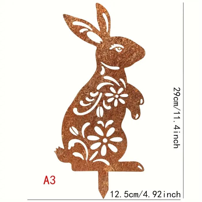 Piquet de jardin en forme de lapin en métal rustique, finition rouillée, parfait pour la décoration
