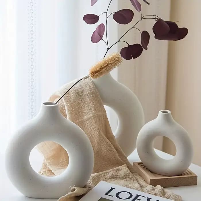 1pc, Vases de Vase en céramique blanc/Beige pour la décoration, Vase de décoration moderne pour la maison, Vases Boho pour la décoration, Vase circulaire, Vase rond, Vas à beignet