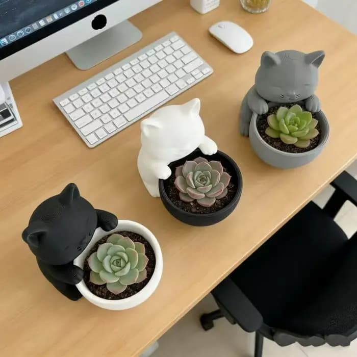 Pot en forme de chat avec trous de drainage - Design unique pour les succulentes