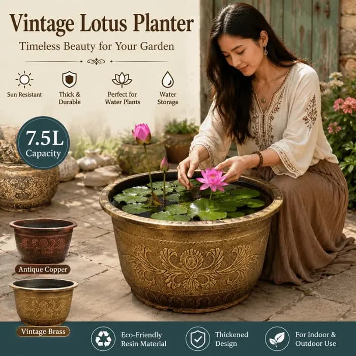 Pot de fleurs en résine Lotus, capacité 7,5 L, hauteur 19 cm, réservoir d'eau, grand pot de fleurs rétro en cuivre bronze, utilisation en intérieur