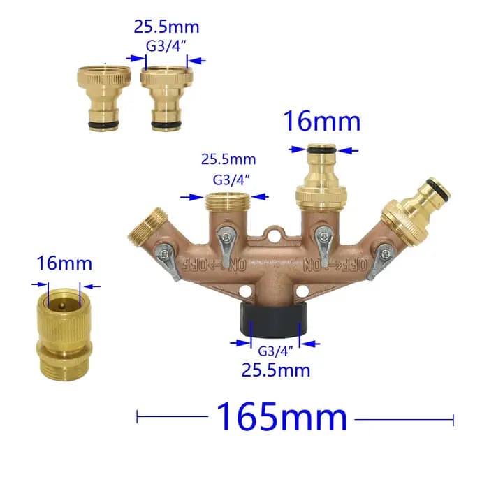 Séparateur de tuyau d'eau de jardin à 4 voies en laiton avec filetage 3/4 ", robinet de jardin Shunt
