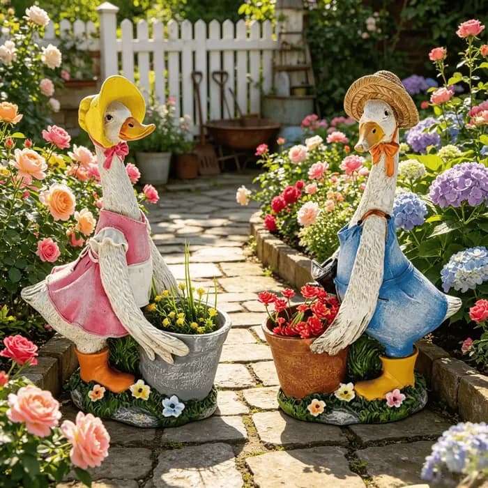 Statue de canard de jardin en résine avec jardinière ; Ornement