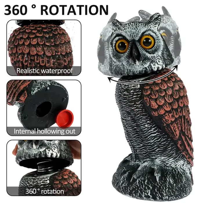 Dispositifs de contrôle des oiseaux Owl Spare avec 360 ° Tête pivotante imperméable, faux hibou, é