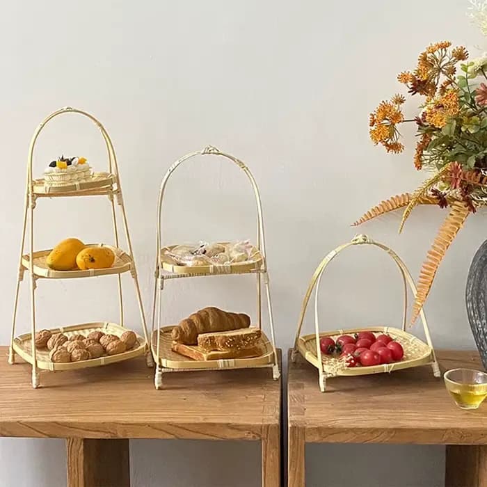 Panier tissé en bambou Durable, panier de stockage de fruits, aliments et légumes, plateau debout multifonctionnel tissé à la main pour la cuisine, 1/2/3 couches
