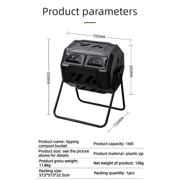Composteur à bascule grande capacité pour déchets de jardin et de cuisine, bac de fermentation aérobie anti-corrosion pour extérieur