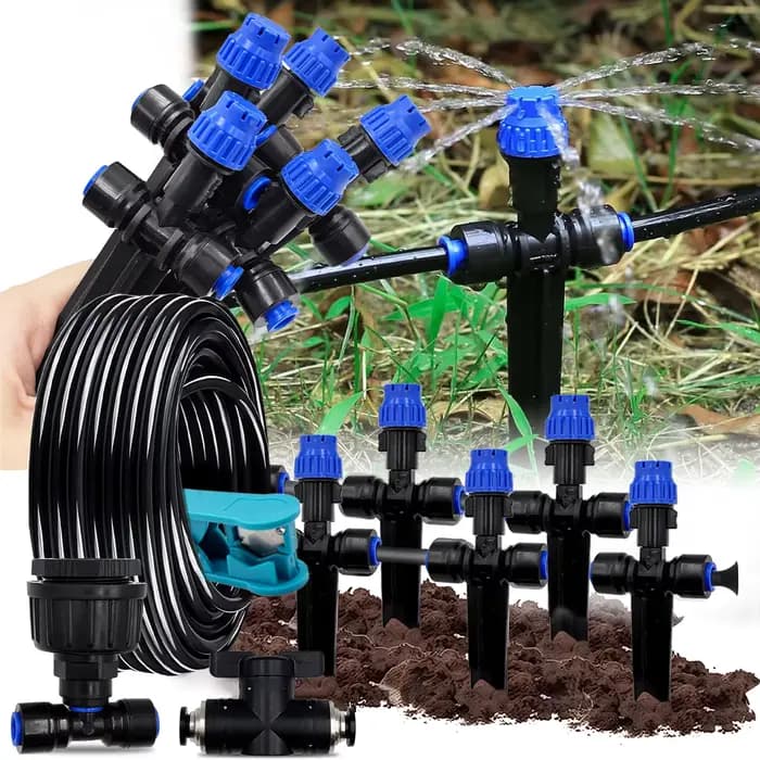 Kit d'irrigation de jardin 1/4'' avec goutteur extérieur 8 trous et piquet, arroseur réglable et rac