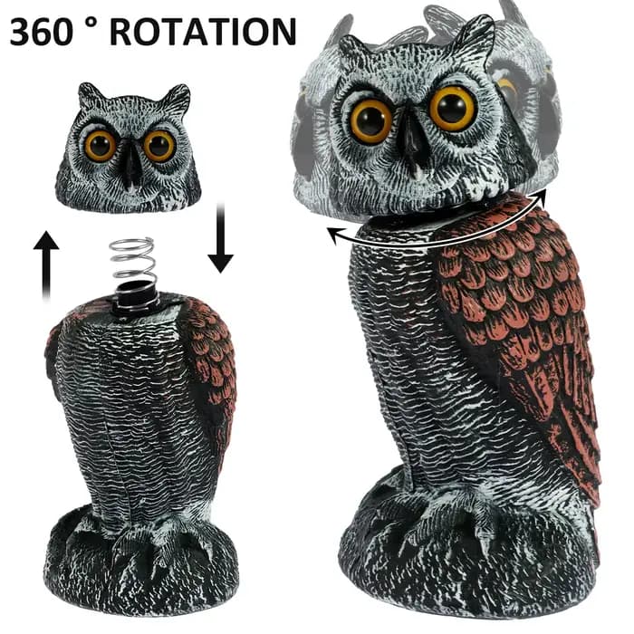 Dispositifs de contrôle des oiseaux Owl Spare avec 360 ° Tête pivotante imperméable, faux hibou, é