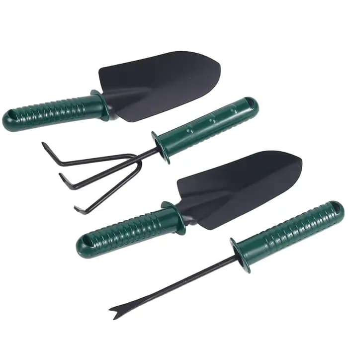 Ensemble de 4 outils de jardinage en acier robuste, comprenant une truelle, un râteau à trois dents,