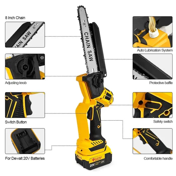 Scie à chaîne électrique jaune sans balais, 8 pouces, 1380W, outil électrique professionnel pour tai