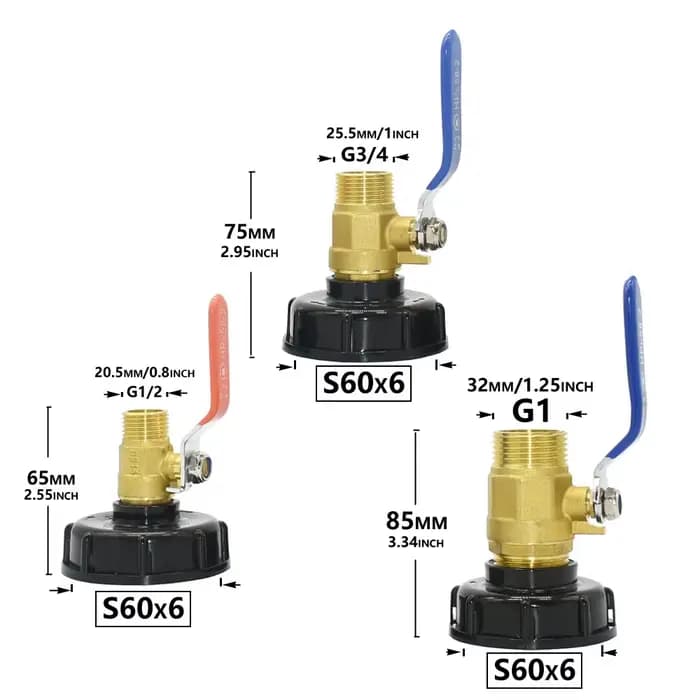 Adaptateur de robinet de réservoir IBC à filetage S60 x 1/2 3/4 1 pouce, tuyau d'arrosage, Valve de