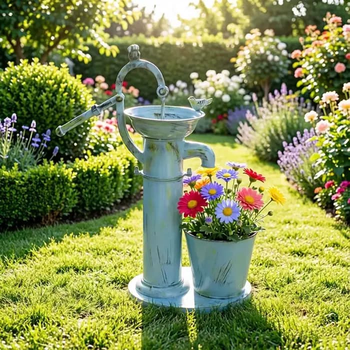 Support de pot de fleurs rétro en fer forgé avec pompe à eau oscillante