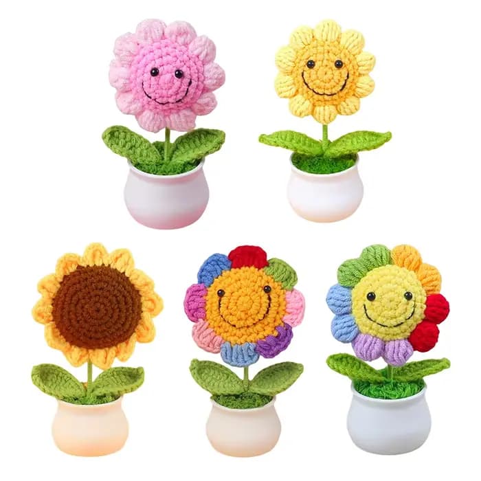 1 pièce fleurs artificielles créatives mignon Crochet tournesol Pots tricoté fleur Graduation