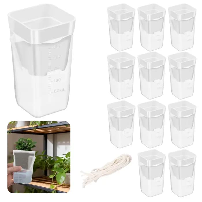 Lot de 12 pots auto-arrosants transparents en plastique double couche avec trous de drainage et corde en coton pour petites plantes de pépinière