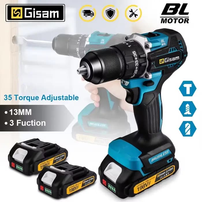 Perceuse à percussion électrique sans fil Gisam 13 mm 35+3 Torque Brushless, visseuse électrique, ou