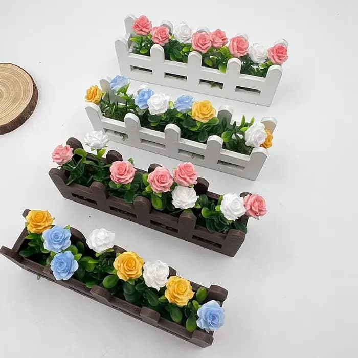 Mini fleur en pot, ensemble de fleurs de clôture de roses, ornement décoratif Miniature en bois, accessoires de photographie, modèle de décoration pour la maison