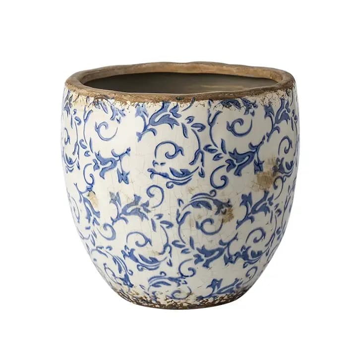 Pot de fleur en céramique de poterie bleue et blanche antique chinoise