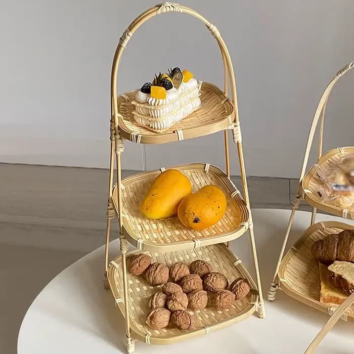 Panier tissé en bambou Durable, panier de stockage de fruits, aliments et légumes, plateau debout multifonctionnel tissé à la main pour la cuisine, 1/2/3 couches