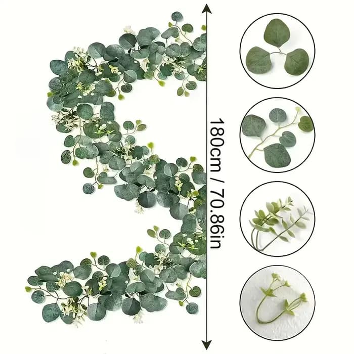 Guirlande d'eucalyptus simili exuberante de 70,8 pouces avec fleurs blanches – Parfaite pour la décoration de la maison et des vacances, tenture murale, cour et accents de fête