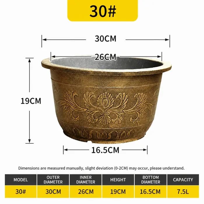 Pot de fleurs en résine en forme de lotus, grande capacité de 7,5 L, réservoir d'eau, hauteur de 19 cm, couleur cuivre bronze, style rétro, pour usage intérieur.