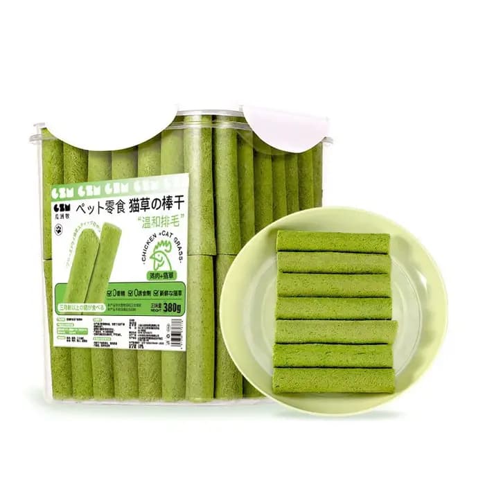 Lot de 60 bâtonnets de herbe naturelle pour chat, friandises pour l'élimination des boules de poils, jouets à mâcher au poulet et à la catnip pour le nettoyage des dents, friandises pour chatons