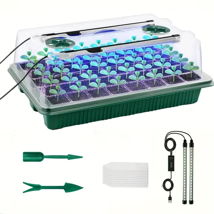 Kit de germination avec plateaux de semis à dôme haut - 40 cellules, 2 lampes de culture LED, minute
