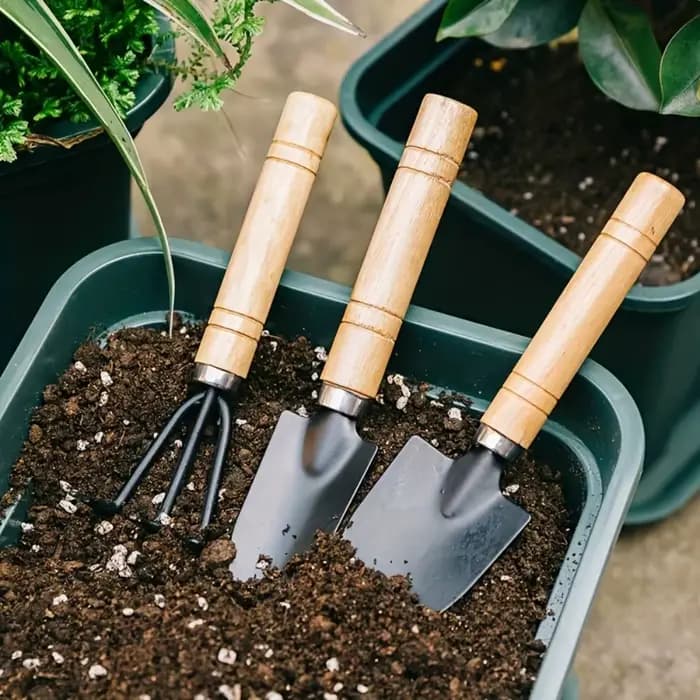 Ensemble de jardinage miniature en trois pièces avec manche en bois et râteau