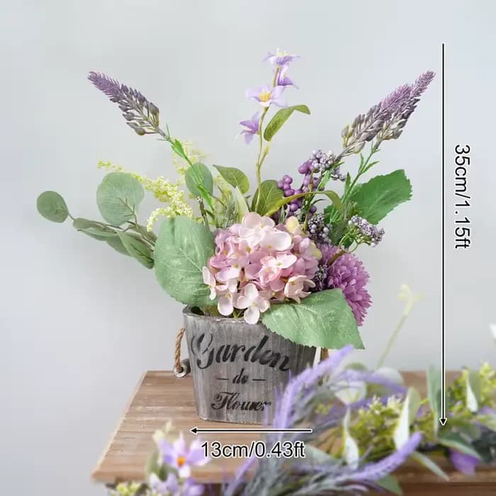 Plantes en pot vertes artificielles, hortensia violet, décoration de pièce maîtresse de table de ban
