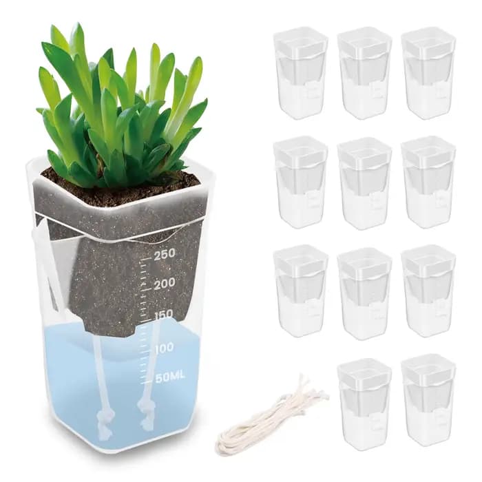 Lot de 12 pots auto-arrosants transparents en plastique double couche avec trous de drainage et corde en coton pour petites plantes de pépinière